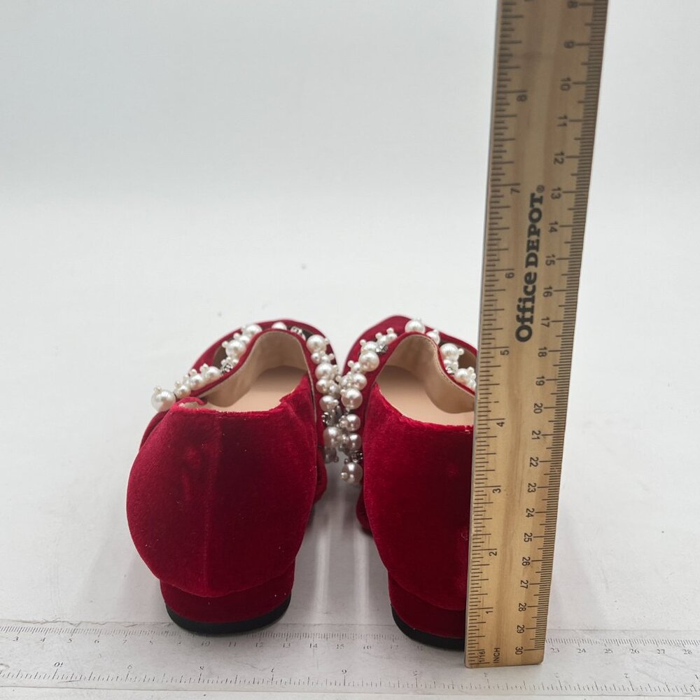 XYD Burgundy Pointed Toe Velvet Pearl Strap Beaded Mary Janes Dress Shoes - Picture 5 of 8